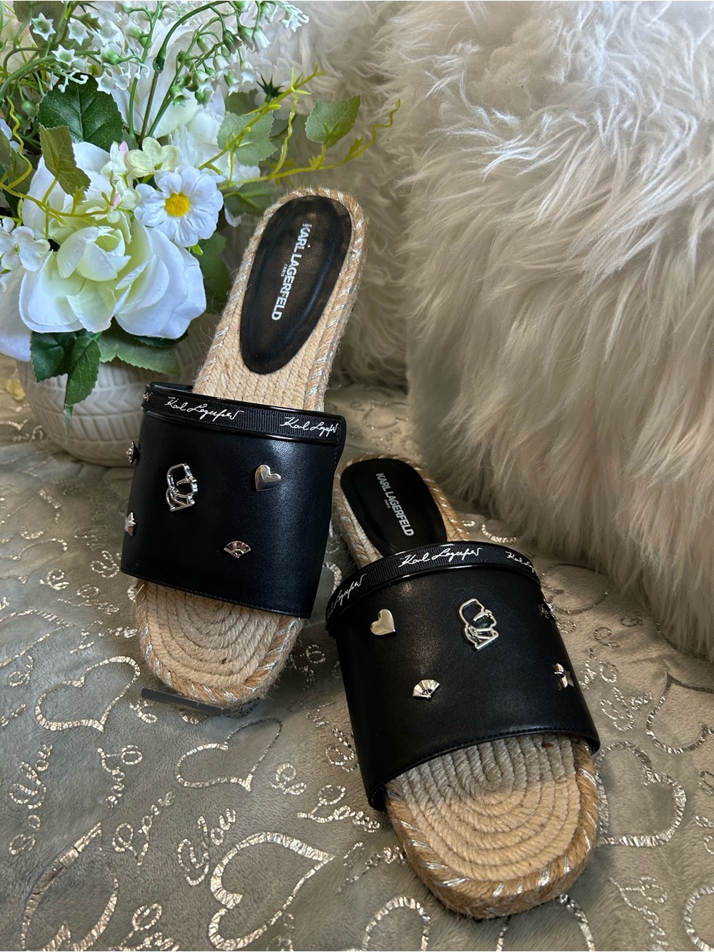 NEW Karl Lagerfeld Paris Embellished Slide Sandals -Black, Size 11M